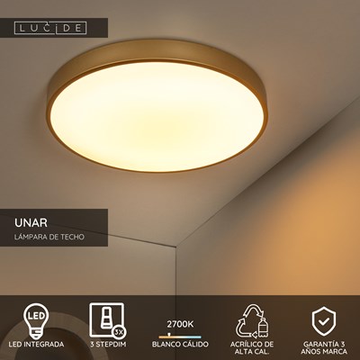 Lucide UNAR - Lámpara de techo - Ø 49,5 cm - LED 3 StepDim - 1x36W 2700K - Oro mate / Latón